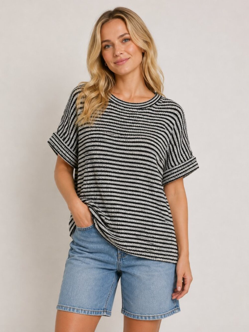 J. Crew Black & White Striped Popover Terry Sweater Size XS